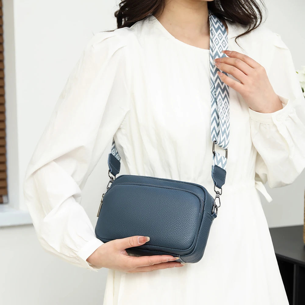 Genuine Leather Wide Strap Shoulder Bag | Solid Color Crossbody & Phone Bag Luxegan
