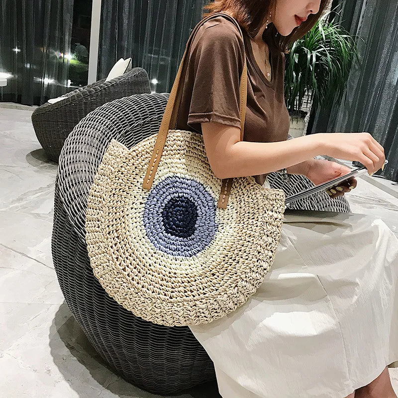 Large Capacity Round Women's Fashionable Straw Woven Shoulder Bag | Handmade Summer Beach Travel Holiday Women Tote Bags Luxegan