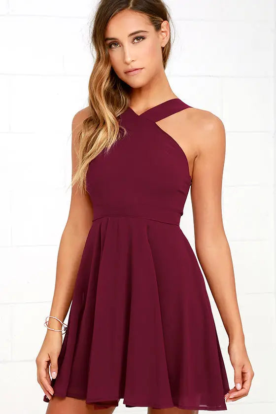 Solid Halter Sleeveless Hollow-Out Loose Fit A-Line Mini Dress – Non-Stretch Chiffon, Empire Waist, Summer Luxegan