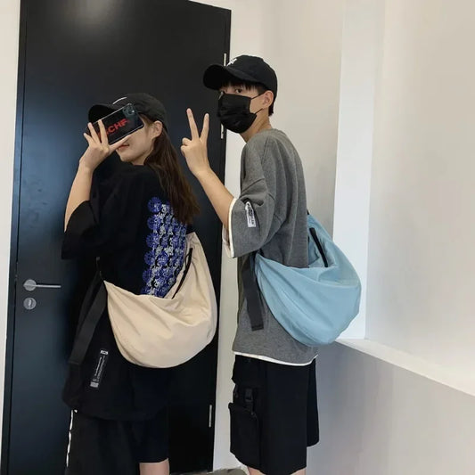 Unisex Solid Color Large Capacity Hobo Crossbody Bag | Harajuku Japanese Style Waterproof Nylon Travel Shoulder Purse Luxegan