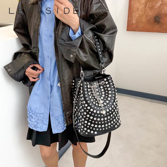 Studded Punk Rock Bucket Bag for Women | Pearl Charm Drawstring Leather Shoulder Bag | Premium Rhinestone Crossbody Purse | Autumn & Winter Solid Color Moderate Hardness Tote Model A Luxegan