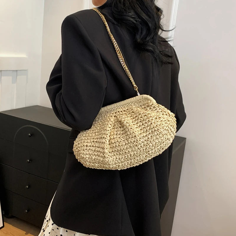 Bohemian Straw Dumpling Clutch Bag | Woven Straw Tote Purse for Women (Summer Beach Bag, Wicker Clutch) Luxegan