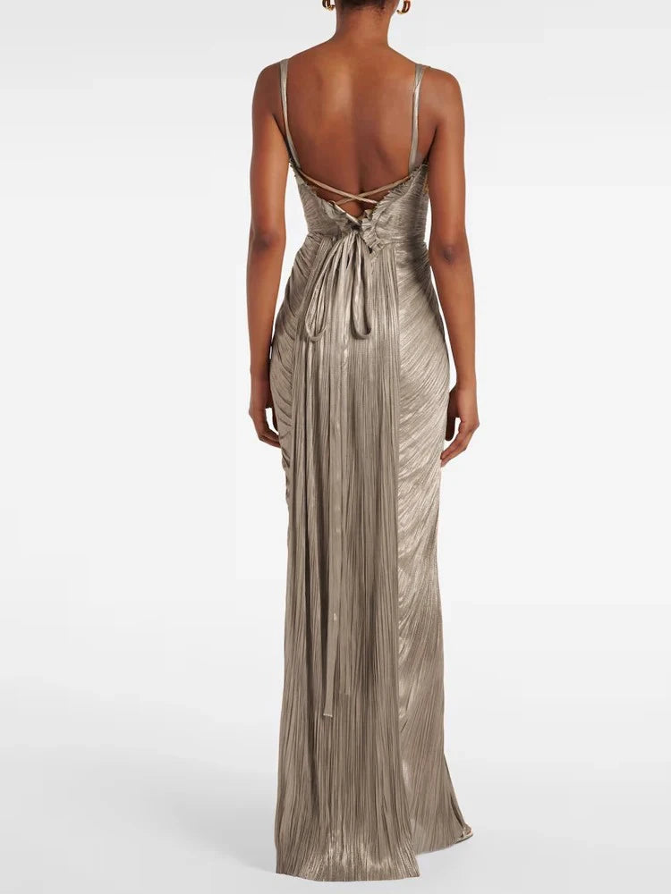 Women's Elegant Draped Slim Suspender Dress | Sexy V-Neck Backless Lace-Up Party Gown | High Waist Ankle-Length Prom Long Dress | Premium Slight Stretch Sleeveless Sheath Dress Luxegan