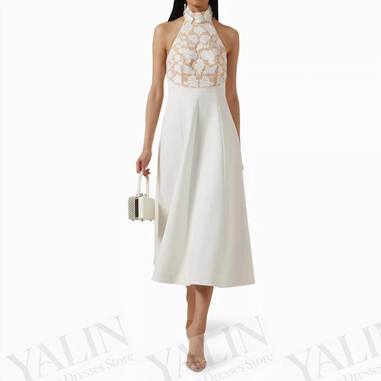 Floral Draped A-Line Evening Gown | High-Neck Sleeveless Tea-Length Prom Dress Luxegan