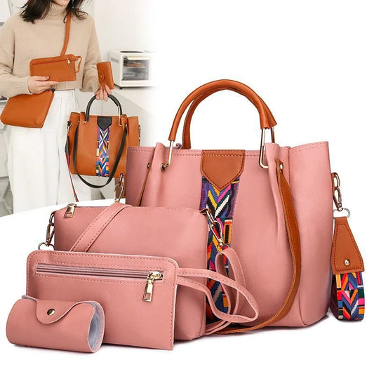 4 Pcs Luxury Handbag Set | Large Capacity Tote Bag, Fashion Shoulder Bag, Wallet & Card Case for Women (Patchwork) Luxegan