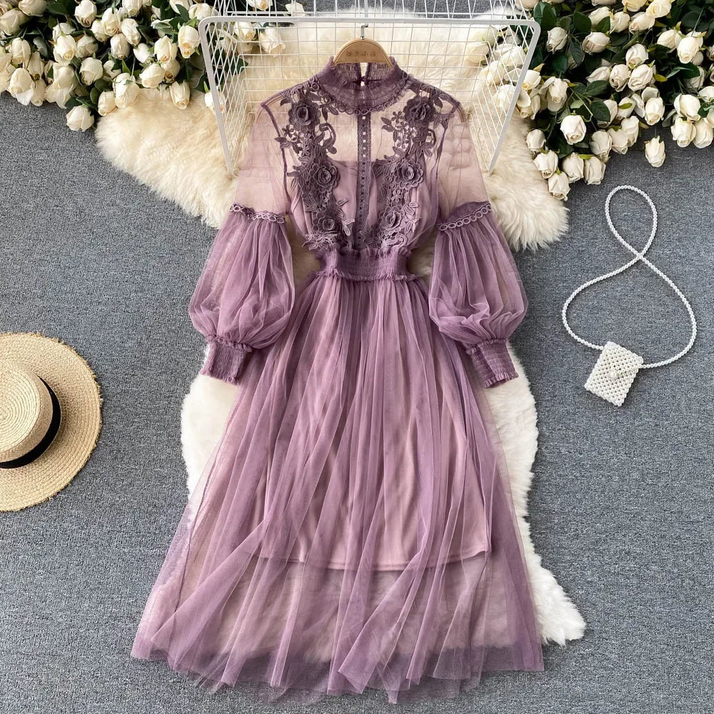 Ladies' Lace Midi Dress – Stand Collar, Lantern Sleeve, Beaded Floral Detail Luxegan