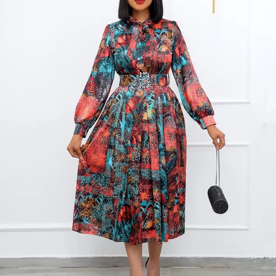 Elegant Vintage Dresses for Women Bow Collar Full Sleeve Belt Waisted A Line Mid Calf Birthday Party Dinner Vestidos Mujer Dress