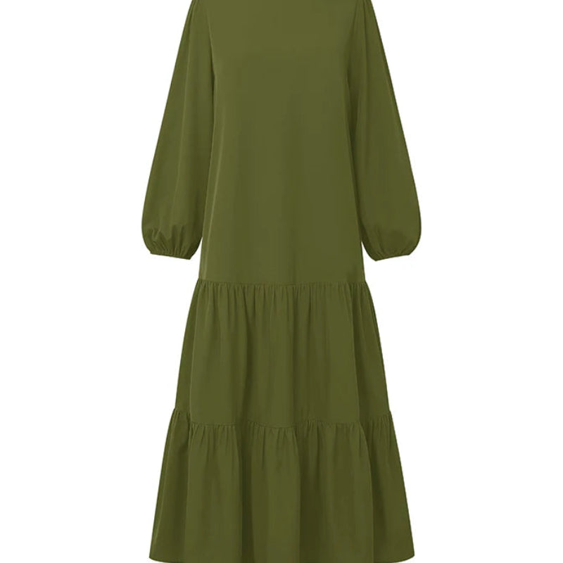 Solid O-Neck Lantern Sleeve Regular Fit A-Line Midi Dress – Natural Waist, Jersey, Autumn Luxegan
