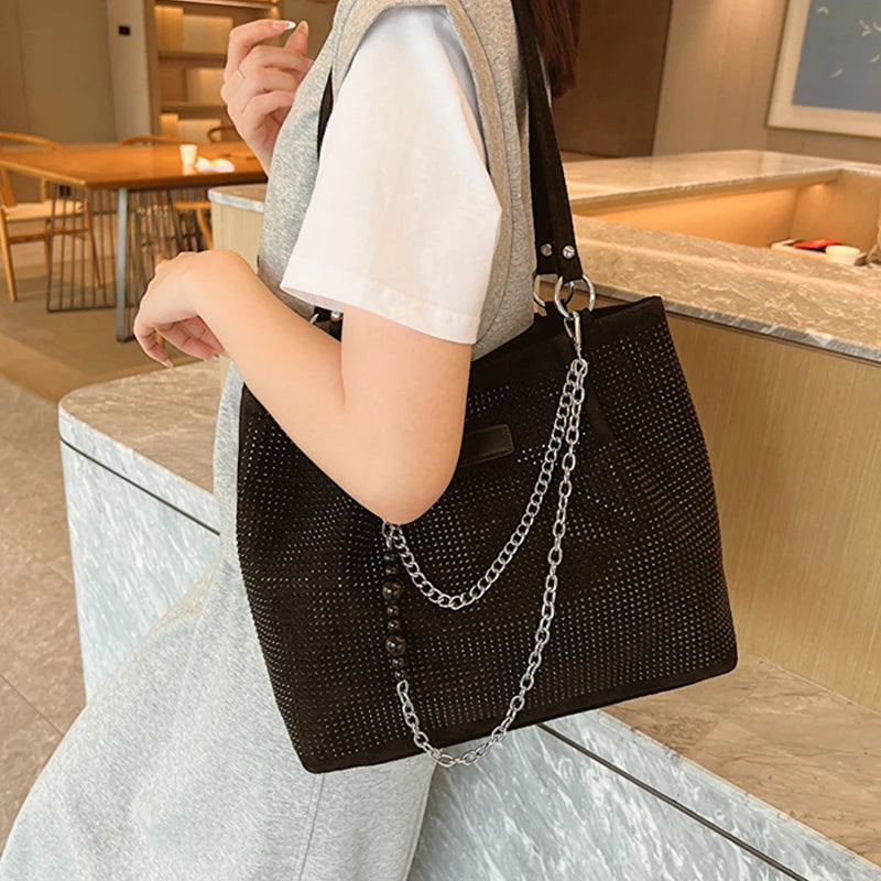 Women's Luxury Design Shopper Tote | Large-Capacity PU Leather Rhinestone Handbag Luxegan
