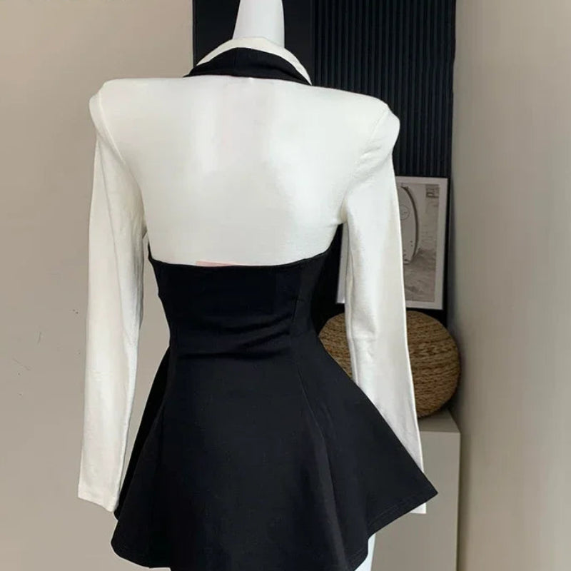 Women's Two-Piece Sexy Chic Halter Dress Set | Fashionable Polo Neck Button-Up Shirt & Slim Mini Dress | Casual Solid Color Autumn/Winter A-Line Outfit Luxegan