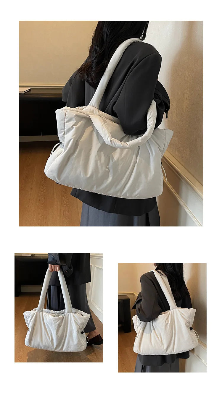 Fashion Winter Large Shoulder Bag | Simple & Practical Nylon Shopping Tote | Textured Casual Commuting Bag with Embroidery & Lace Detail Luxegan