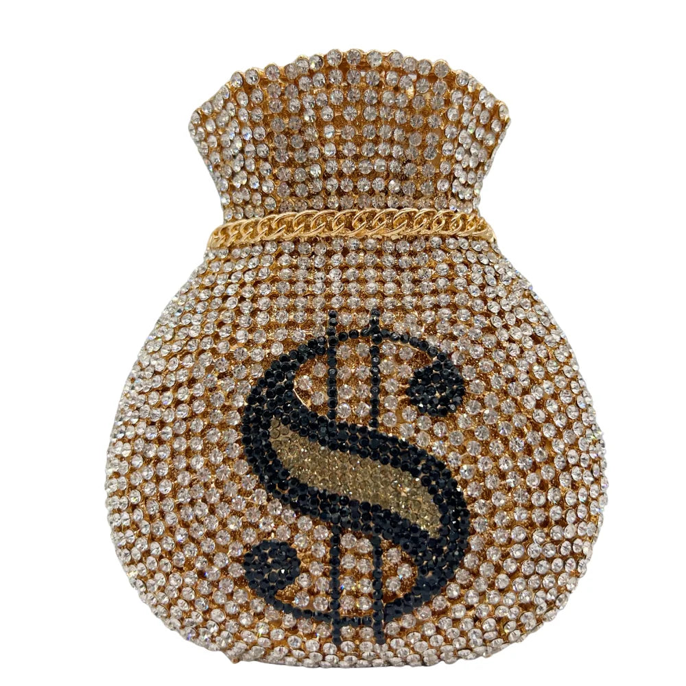 Lucky Coin Drawstring Evening Clutch | Sophisticated Diamond & Sequined Money Bag | Elegant Hollow-Out Gala Purse | "Dignified" Structured Metallic Handbag for High-Fashion Parties Luxegan