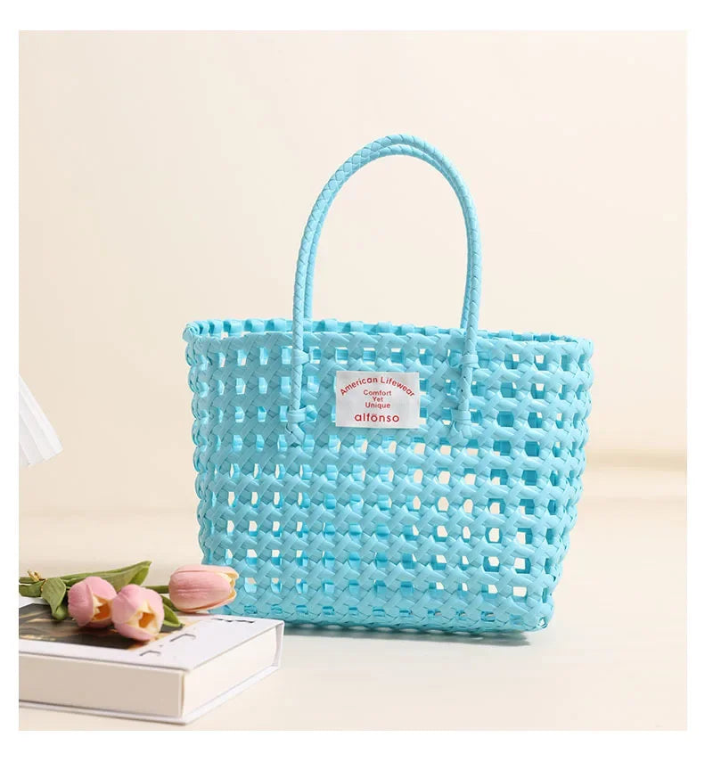 Hollow Out Plastic Woven Tote Bag | Summer Beach & Vacation Handbag Luxegan