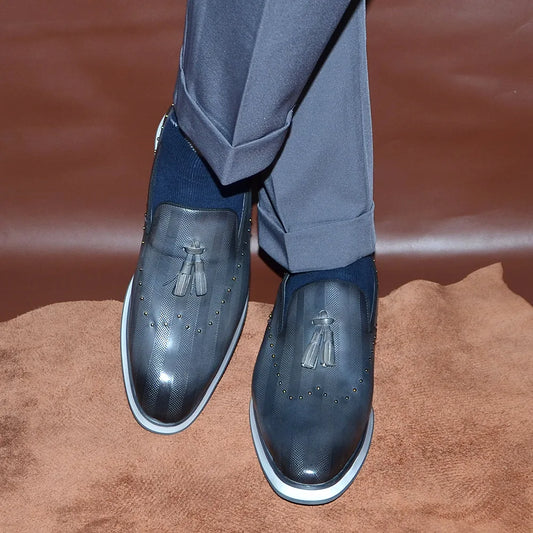 Classic European Gray Genuine Leather Loafers | Sophisticated Rivet & Tassel Accents | Elegant "Genuine Cow Leather" Silhouette | "Dignified" Sheepskin Insole & Non-Slip Rubber for Radiant Versatile Styling Luxegan
