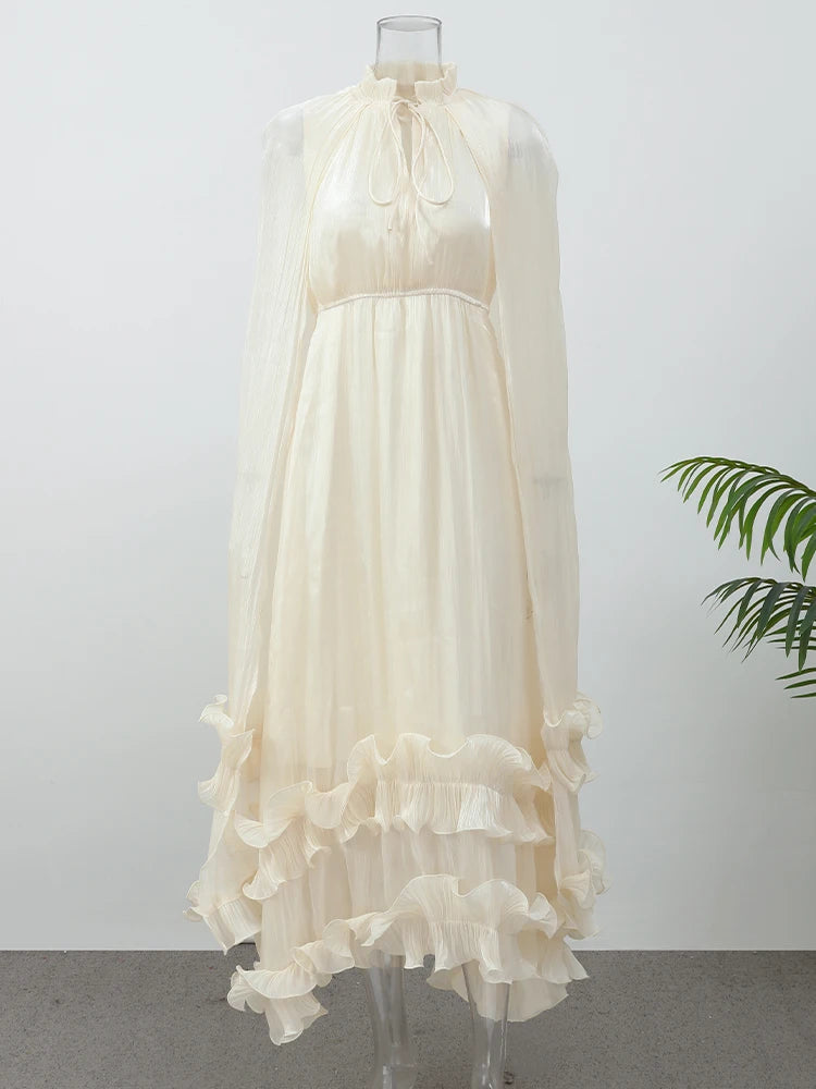 Multi-Layer Ruffle Hem Cape Maxi Dress | Round Neck Sleeveless Lace-Up Evening Party Dress Luxegan
