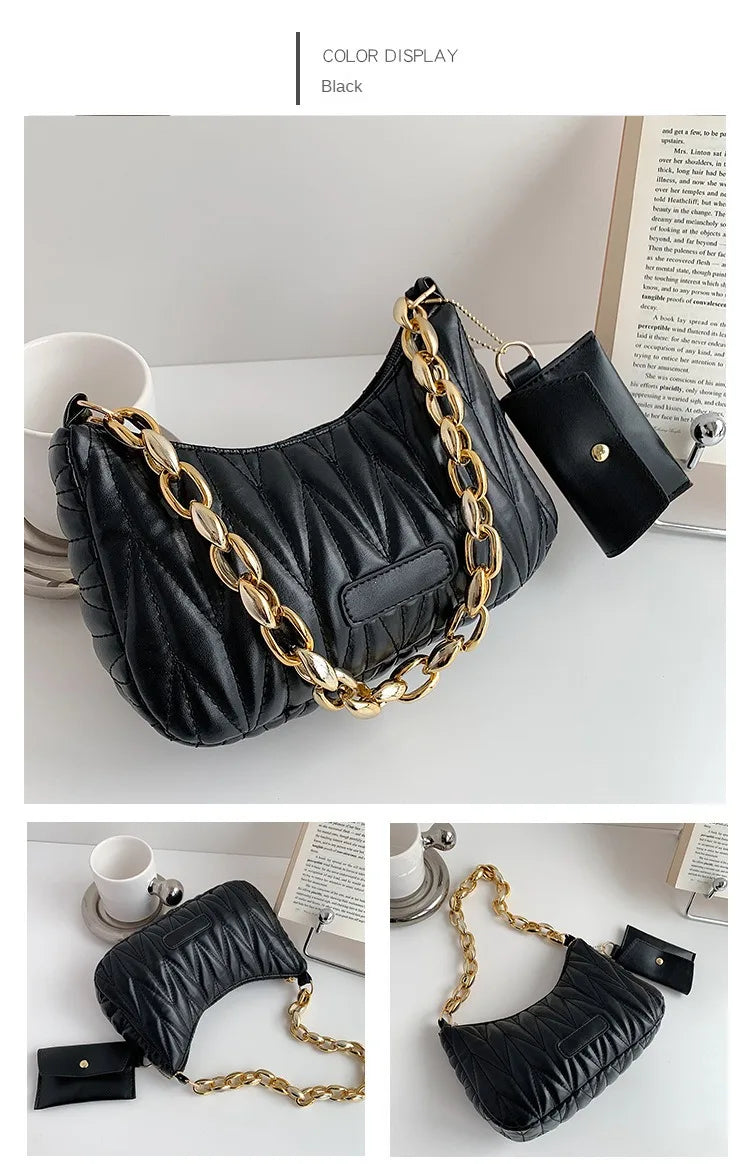 Quilted Ruched Crescent Shoulder Bag | Sophisticated England-Style Chain Handbag | Elegant Half-Moon Purse with Coin Pouch | "Dignified" Soft TPU Carryall for Versatile Daily Styling Luxegan