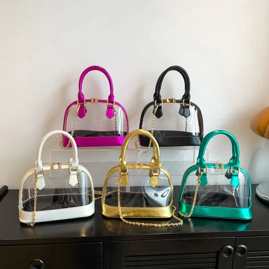 Transparent Jelly Women's Clutch Handbag | PU Leather Top Handle Metal Chain Crossbody Shoulder Tote Bag (Casual Messenger Purse) Luxegan