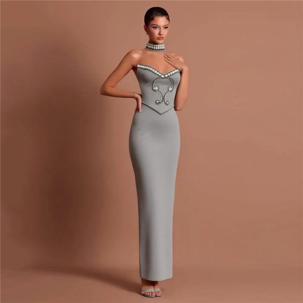 Solid Strapless Rhinestone Embellished Regular Fit Sheath Ankle-Length Knit Dress – Natural Waist, All Season Luxegan