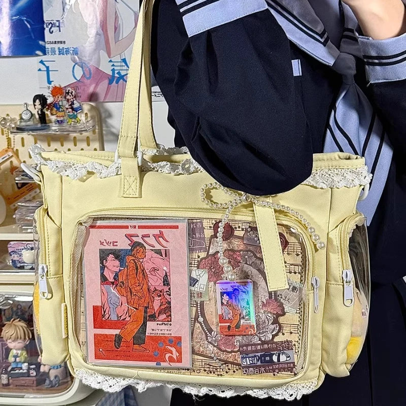 Italife New Women Cute Lace Ita Bag with Pearl Bow | Kawaii Large Tote with Insert for Pin Display | Comic Con Big Handbag Luxegan