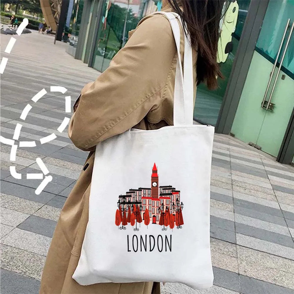 London Big Ben England Map Flag Canvas Tote Bag | UK City Landscape Skyline Shoulder Shopping Handbag (Women's Tourist Gift) Luxegan