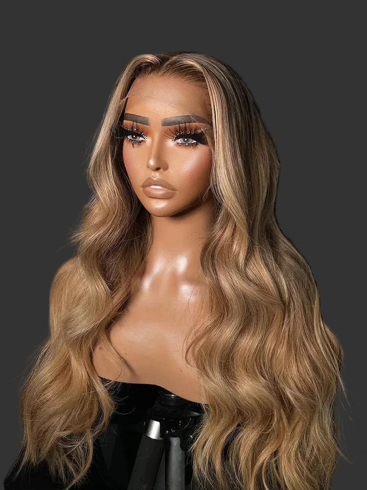 Honey Blonde #4/27 Body Wave Wig | Sophisticated 13x6 HD Transparent Lace Frontal | Elegant "Brown Root" Brazilian Human Hair | "Dignified" 26+ Inch Pre-Plucked Remy Hair for Radiant Versatile Styling Luxegan