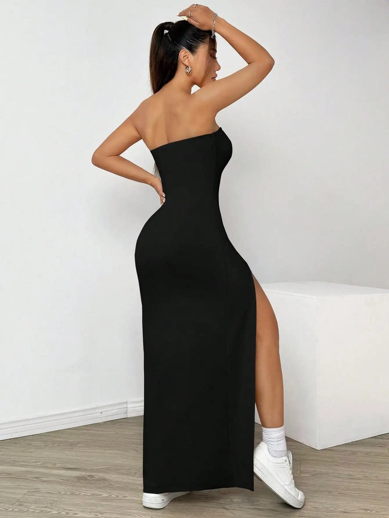 Elegant Ladies Solid Strapless Camisole Long Dress | Slim-Fit Slit Ankle-Length Chest-Wrapping Gown | Simple All-Season Basic Polyester A-Line Dress Luxegan