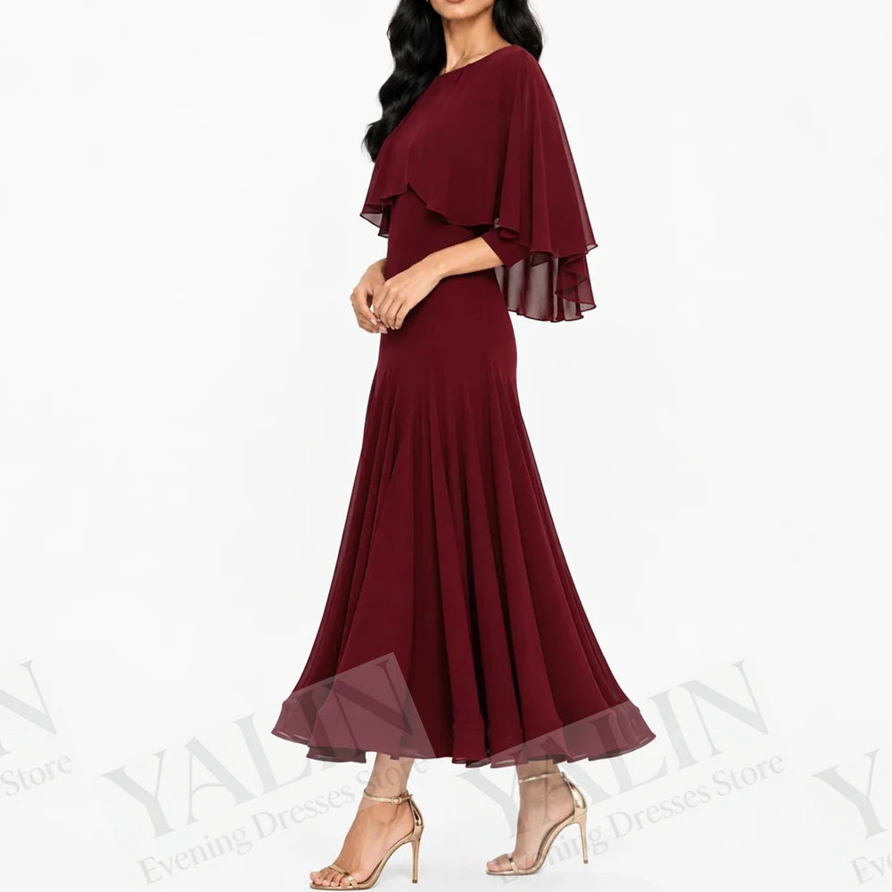 Stole Scoop-Neck Three Quarter Sleeve Tea-Length A-Line Prom Dress Luxegan