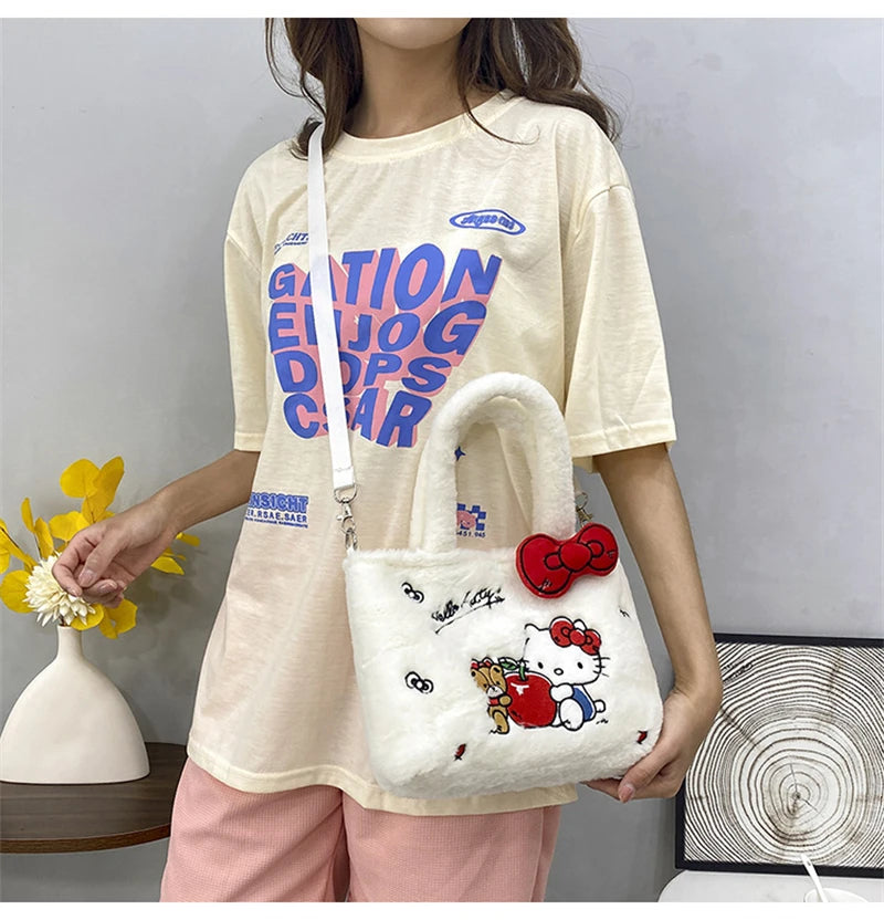 Kawaii Hello Kitty Plush Shoulder Bag | My Melody Cinnamoroll Kuromi Cute Cartoon Anime Handbag (Soft Storage Bag for Women & Girls) Luxegan