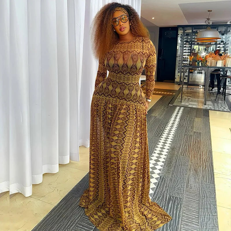 Vintage Printed Sexy See Through Mesh Women Dress Long Sleeve O Neck Slim Waist Big Hem Long Maxi Dress