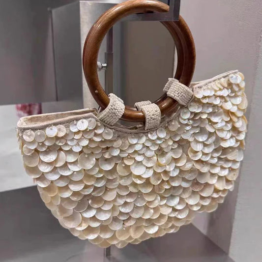 Fairy Handmade Beaded Shell Purse | Sophisticated "Bohemian" Silhouette | Elegant Pearl Sequin Top-Handle Clutch | "Dignified" High-Performance Cotton Artisan Accessory for Radiant Versatile Styling Luxegan