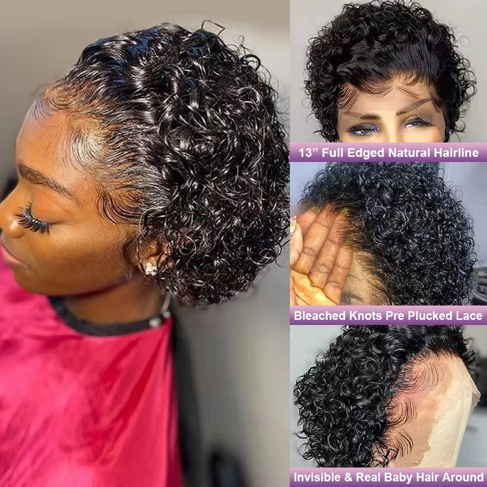 Short Curly Pixie Cut Transparent Lace Frontal Human Hair Wig - 13x4 Frontal & 13x1 T-Part Glueless Wig - 100% Brazilian Remy Human Hair #1B Natural Black Pre-Plucked Wig for Black Women (Fast Express Shipping) Luxegan
