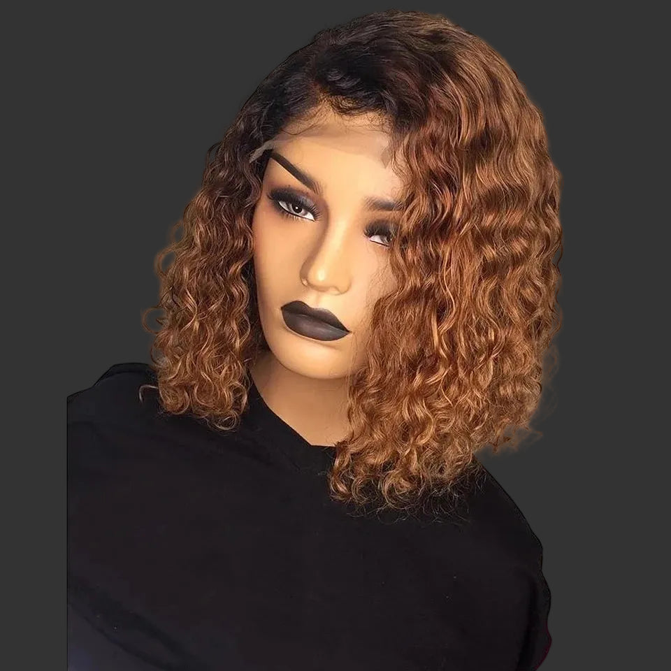 Brazilian Highlight Deep Wave Curly Bob Wig | 13x4 Transparent Swiss Lace Frontal Wig | 180% Density Peruvian Virgin Human Hair Pre-Plucked Curly Bob (14 Inch, Multi-Tonal Caramel Highlights) Luxegan