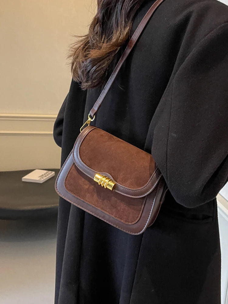 High-Quality Burgundy Retro Frosted PU Splicing Crossbody Bag Luxegan