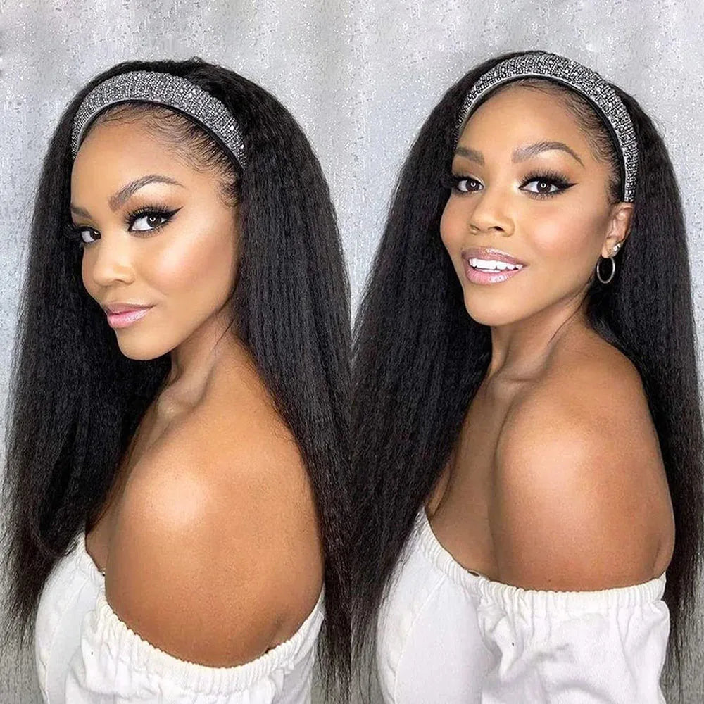 Kinky Straight Headband Wig | Sophisticated Brazilian Yaki Human Hair Silhouette | Elegant "Ready-To-Wear" Natural Color Hairpiece | "Dignified" Full Machine Made Remy Wig for Radiant Versatile Styling Luxegan