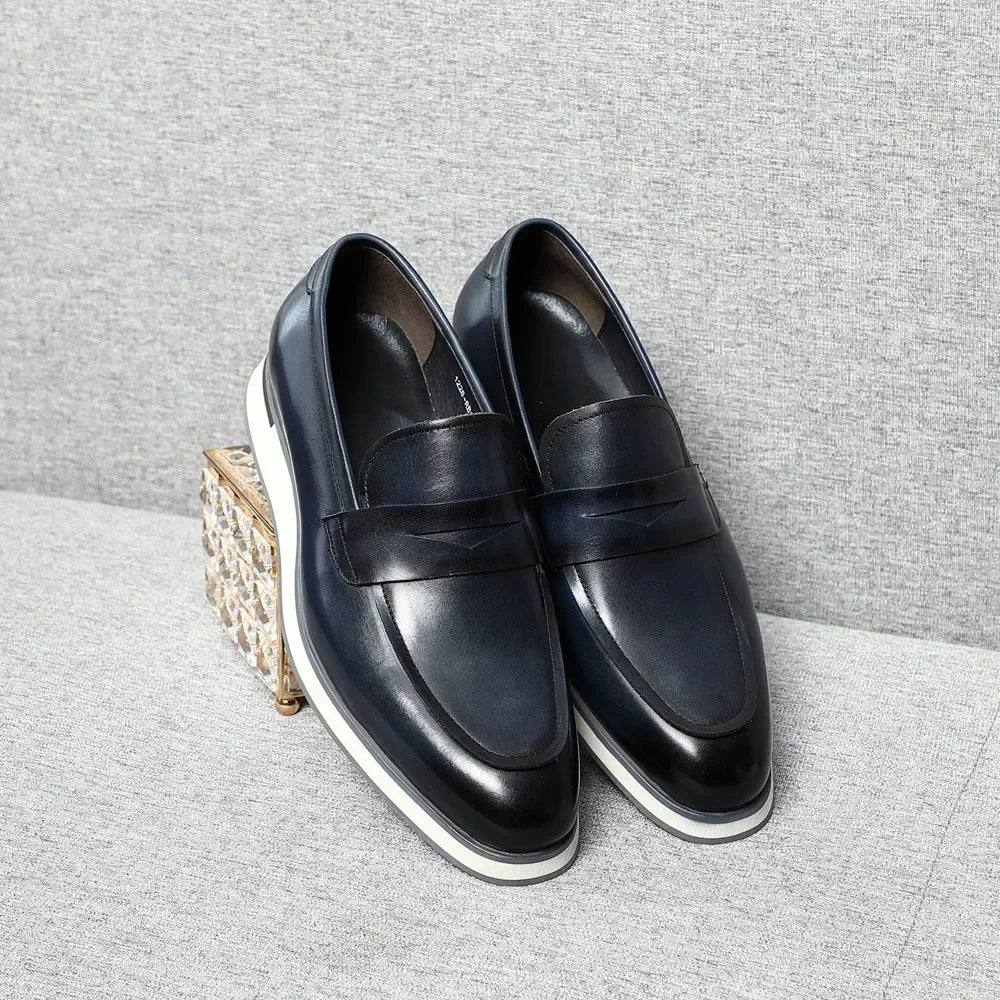 Classy Men's Genuine Cow Leather Penny Loafers | Blue & Black Casual Business Flats (Breathable) Luxegan
