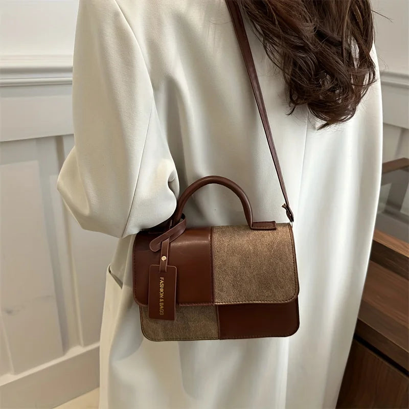 Elegant Geometric Patchwork Satchel Handbag | Vintage PU Leather Crossbody Shoulder Bag | Versatile Soft Tote with Snap Buckle Closure | Everyday Fashion Accessory for Women Luxegan