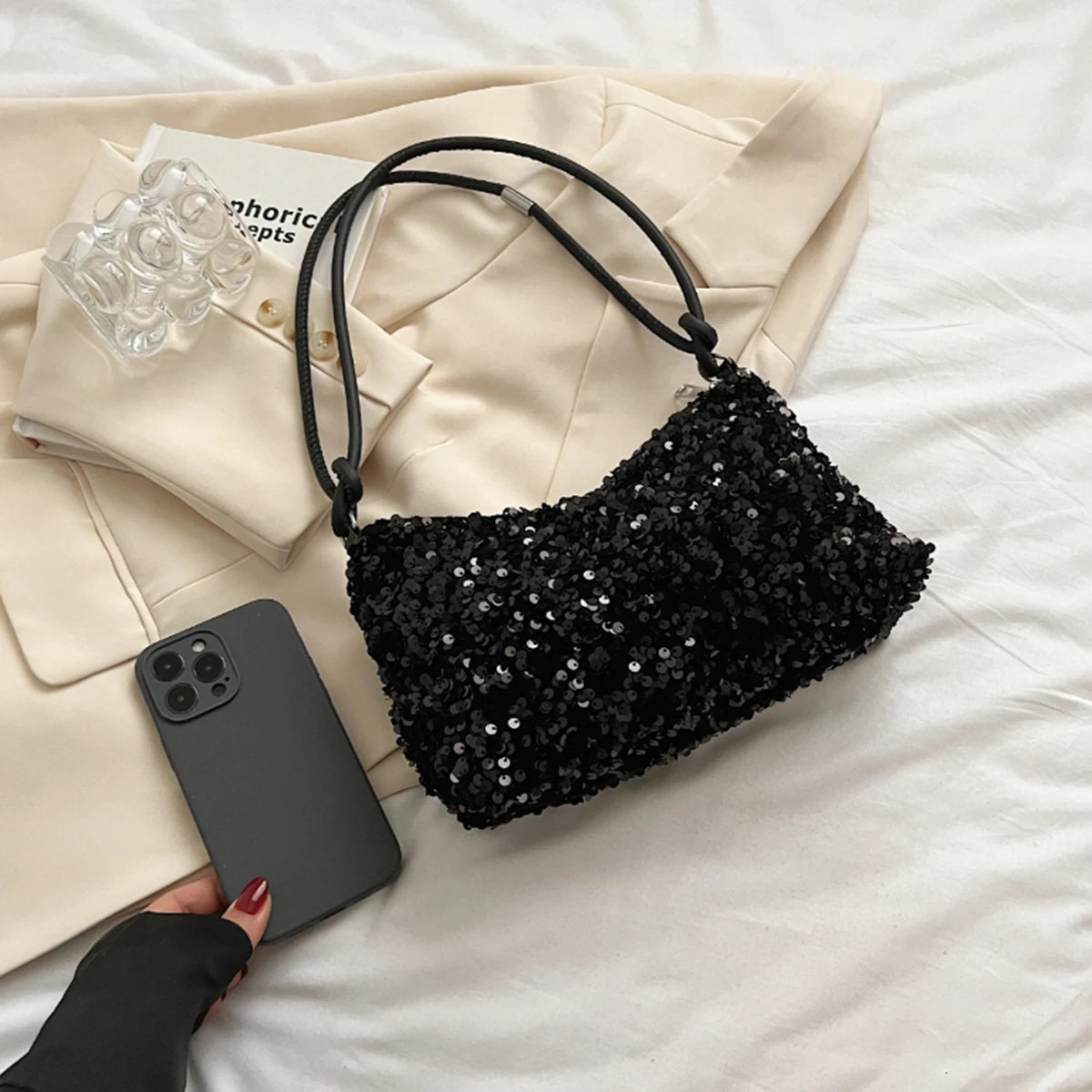 Black Spice Glitter Underarm Bag | Sophisticated Casual Chic Crossbody | Elegant Sparkling Shoulder Handbag | "Dignified" Soft Square Purse for One-Outfit Perfection Luxegan