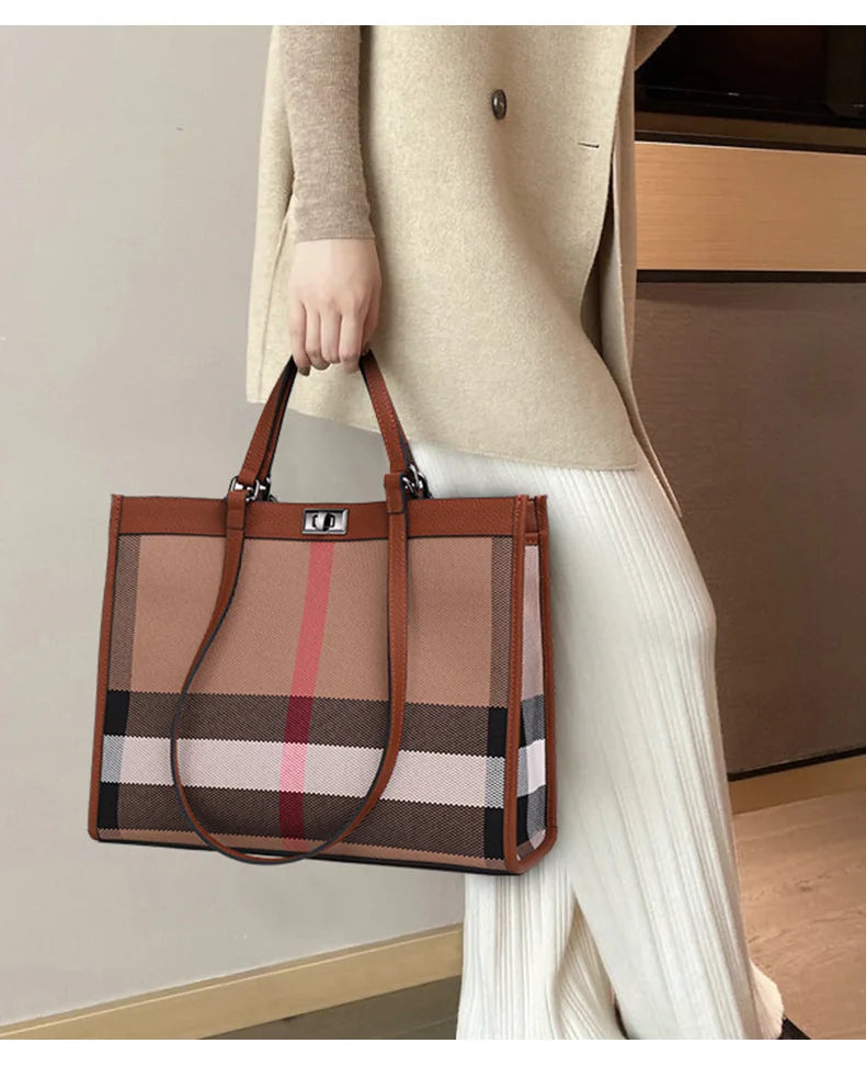 Hard Canvas Striped Designer Tote | Large Capacity Shopping & Shoulder Bag Luxegan