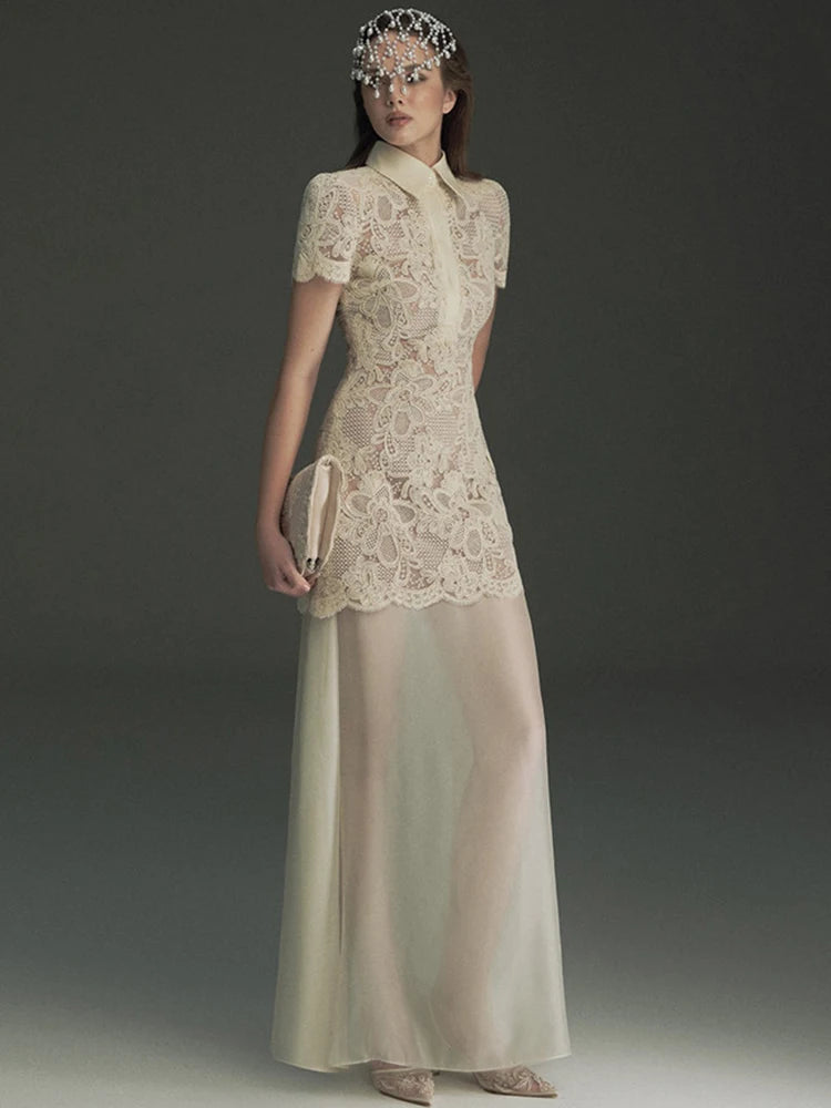 Lapel Lace Hollow Out Gauze Patchwork Short Sleeve Maxi Dress | Elegant A-Line Evening Party Dress Luxegan
