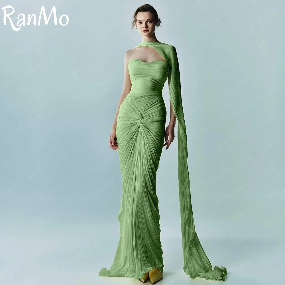 Ranmo New Customized Modern Green Mermaid Prom Gown Sweetheart Pleats Chiffon Party Dresses with Cape Floor-Length Evening Gown