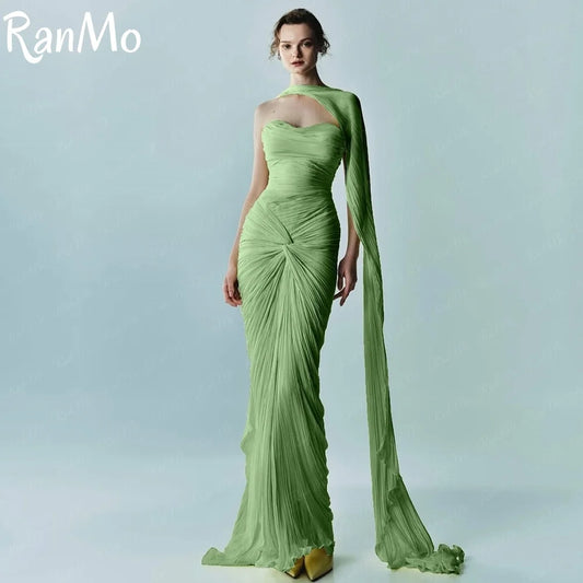 Vestido de fiesta de sirena verde moderno personalizado Ranmo, escote corazón, pliegues de gasa, con capa, largo hasta el suelo, vestido de noche