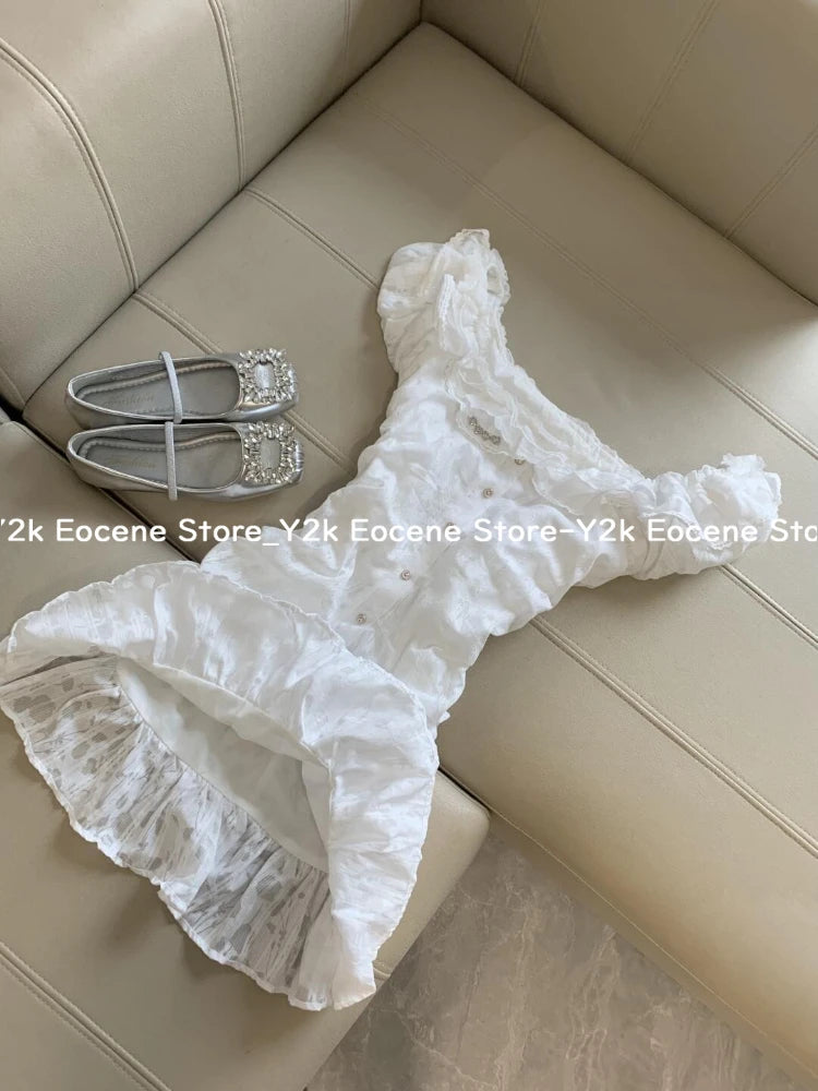Sweet Lace Off-Shoulder Mini Dress | Elegant Ruched White College-Style Sundress | Spring/Summer Slight Stretch A-Line Camisole Luxegan