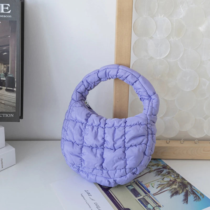 Soft Padded Mini Linen Baguette | Purple Quilted Phone Purse Luxegan