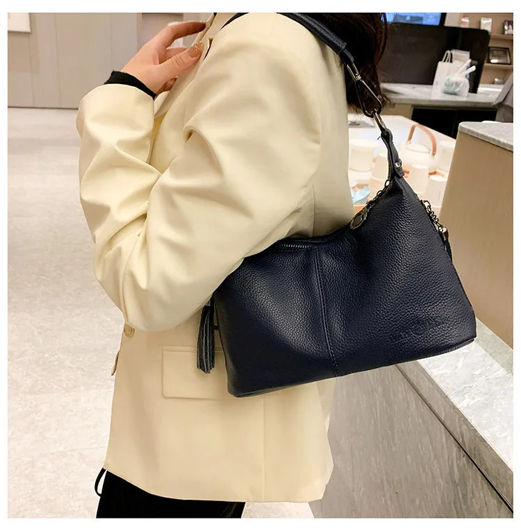 Genuine Leather Women's Bags | Fashion Tassel Women's Handbags & Crossbody Bags (Solid Colours Satchel Large Capacity) Luxegan