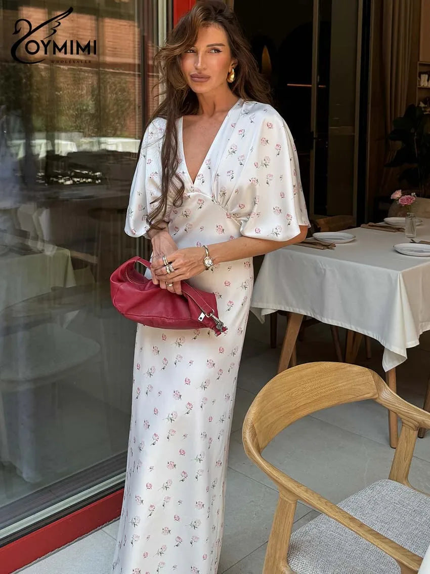 Print Casual V-Neck Half-Sleeve Batwing Slim Straight Floor-Length Dress – Non-Stretch Woven Polyester, Empire Waist, Spring/Autumn Luxegan