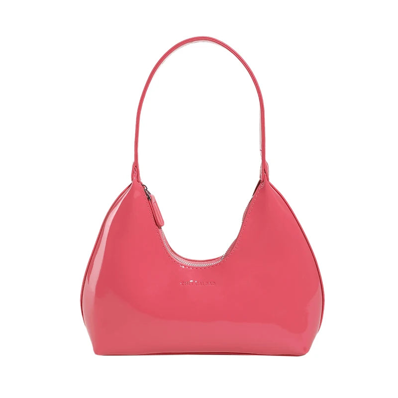 Designer Patent Leather Crescent Bag | Soft Solid Color Shoulder Tote Luxegan