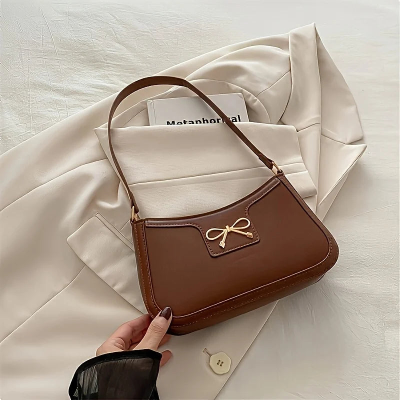 Elegant Solid Color Bowknot Shoulder Bag | Sophisticated Small Square Handbag for Women | Fashion-Forward Sequined Underarm Bag | Trendy PU Leather Casual Tote with Versatile Single Strap Luxegan