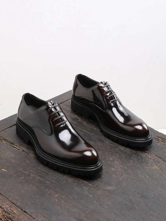 New Men's Formal Oxford Shoes | Sophisticated Rubbed Skin First Layer Cowhide Footwear | Elegant "Mid Heel" Silhouette | "Dignified" Height-Increasing Leather Shoes for Radiant Versatile Office & Career Styling Luxegan