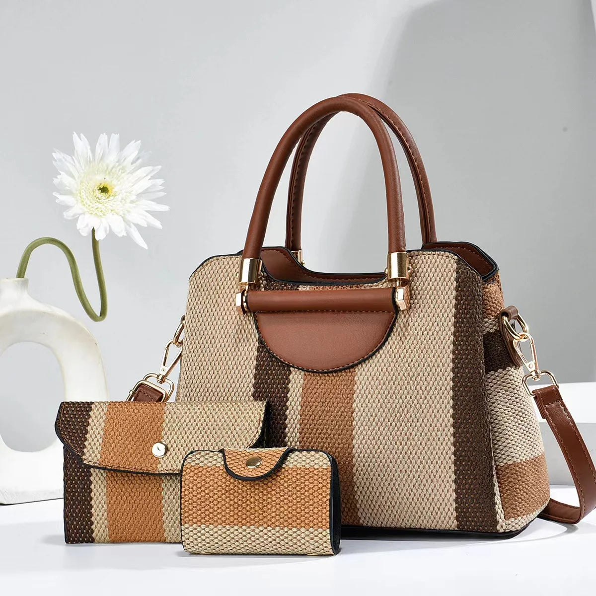3-Piece Set Fashion Women's Handbags | Striped Leather Totes & Top-Handle Bag Luxegan