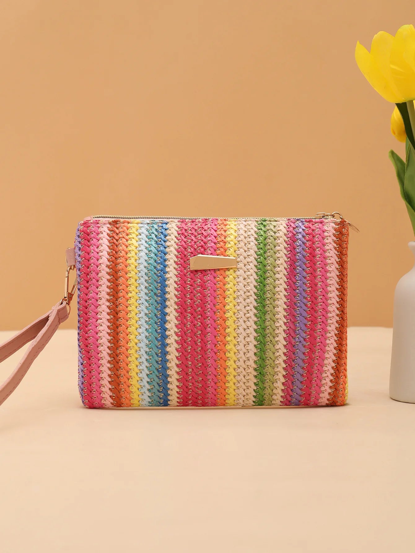 Colorful Rattan Knitting Beach Clutch | Fashion Straw Woven Wristlet Bag | Summer Vacation Money & Coin Purse | Versatile Rainbow Dinner Wallet Luxegan